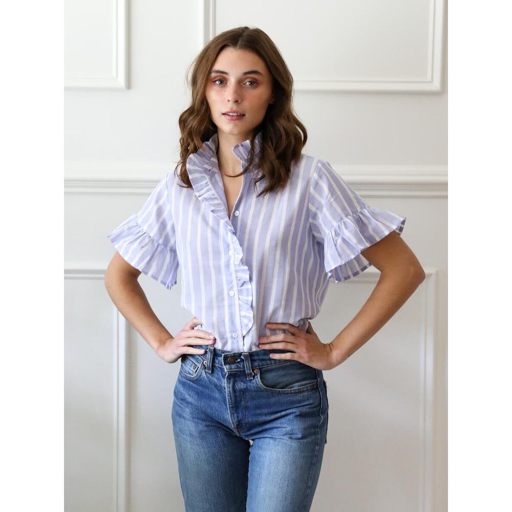 Mille Vanessa Top XL Green Stripe Ruffle Cotton Resort Blouse NWT - Picture 3 of 8